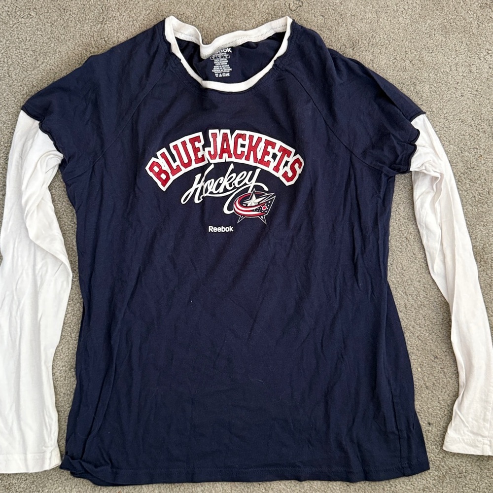 Reebok Blue and White Blue Jackets Tee